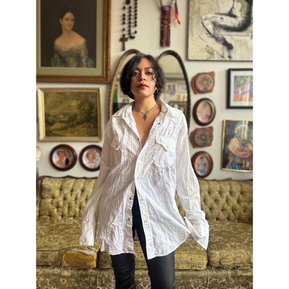 Y2K Snap Button Double Breast Pocket Embroidered Long Sleeve Top Mens Large - Picture 2 of 12